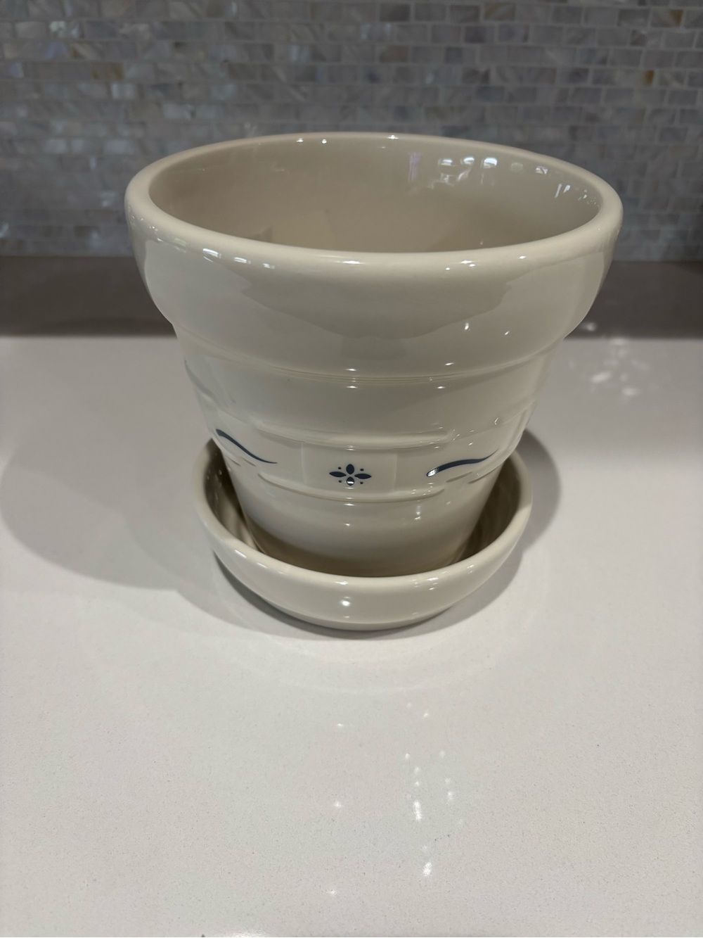 Longaberger Cream Ceramic Flower Pot with Blue Accents